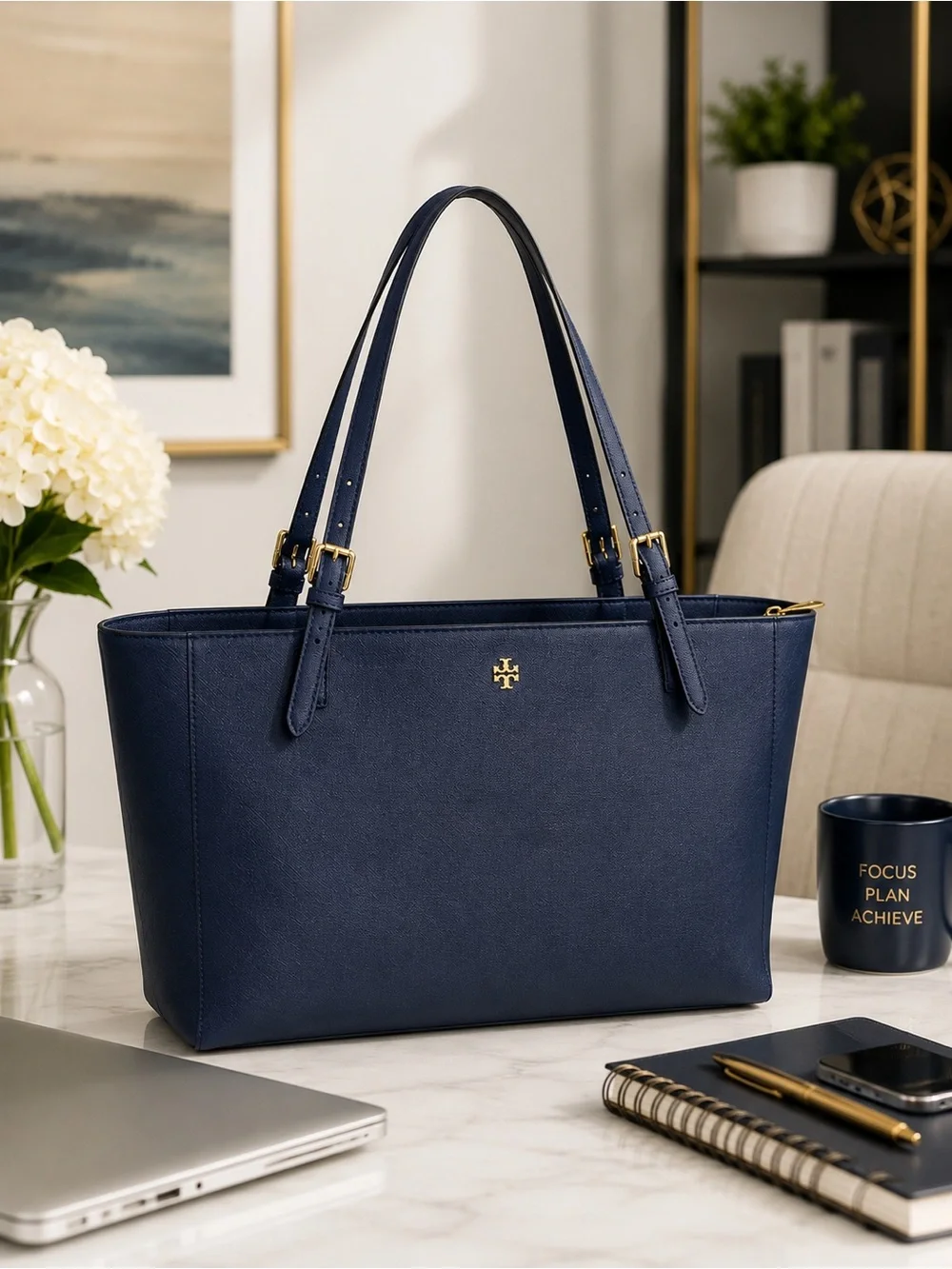 Tory Burch Emerson Large Navy Saffiano Leather Tote NWOT Dust Bag